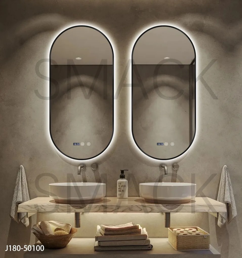 Oglindă LED Touch Premium, Dezaburire, Rama Negra, 3 Tipuri Lumină 50/100 cm