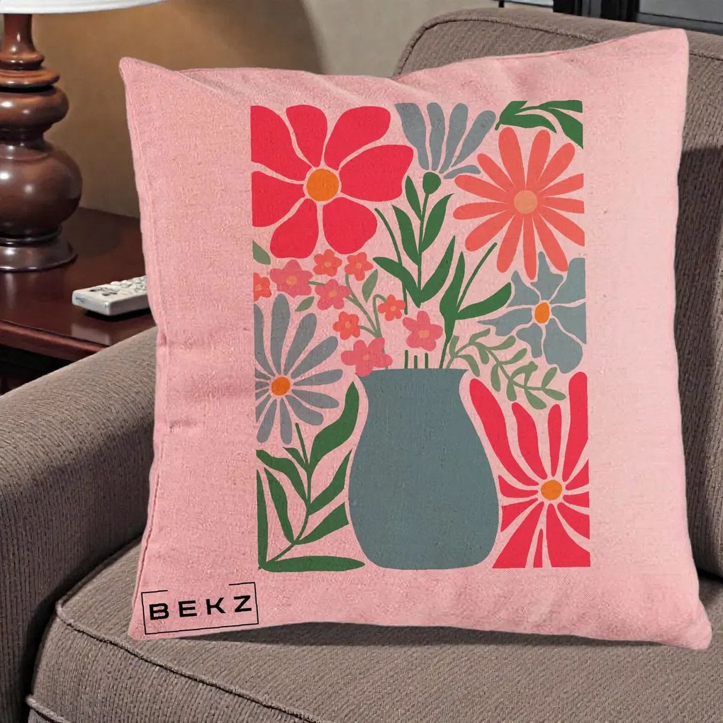 Perna Decorativa Flori in Vaza Turcoaz, 40x40 cm, Roz, Husa Detasabila, Perna Inclusa, BEKZ®