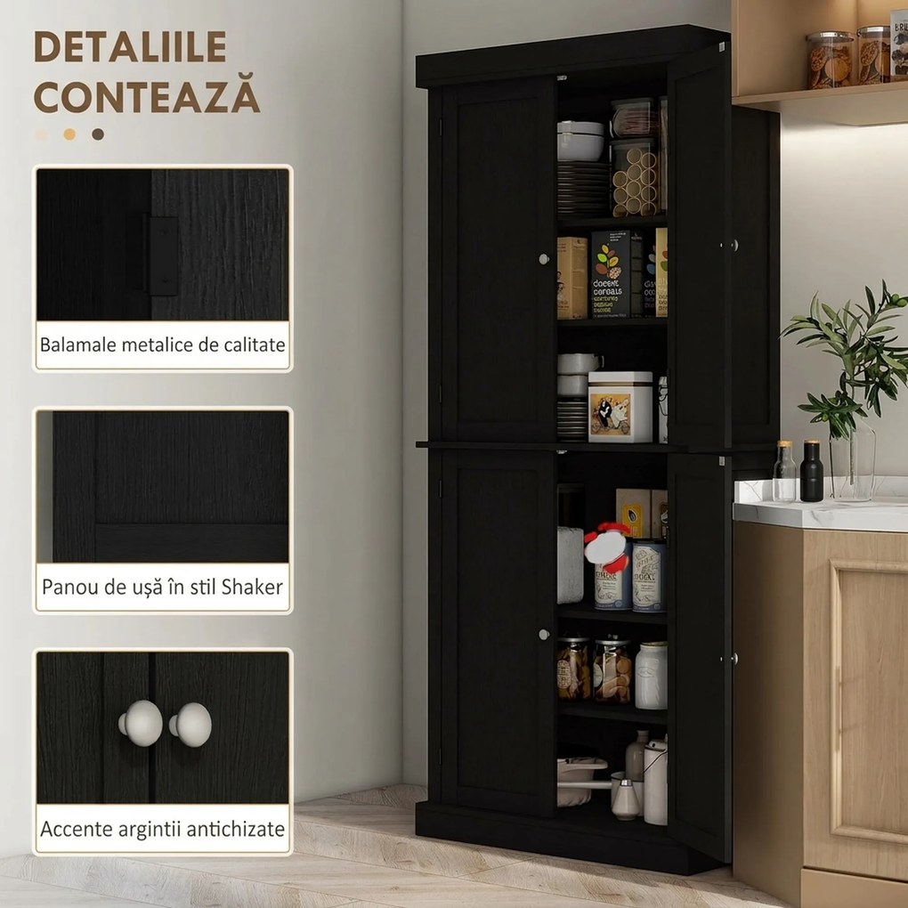 HOMCOM Dulap Înalt de Bucătărie cu 6 Rafturi și 2 Uși, Dulap cu Rafturi Reglabile din Lemn, 76x40,5x184 cm, Alb | Aosom Romania