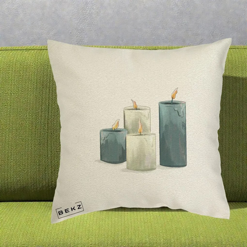 Perna Decorativa Lumanari Hygge Alb-Verde, 40x40 cm, Ecru, Husa Detasabila, Perna Inclusa, BEKZ®