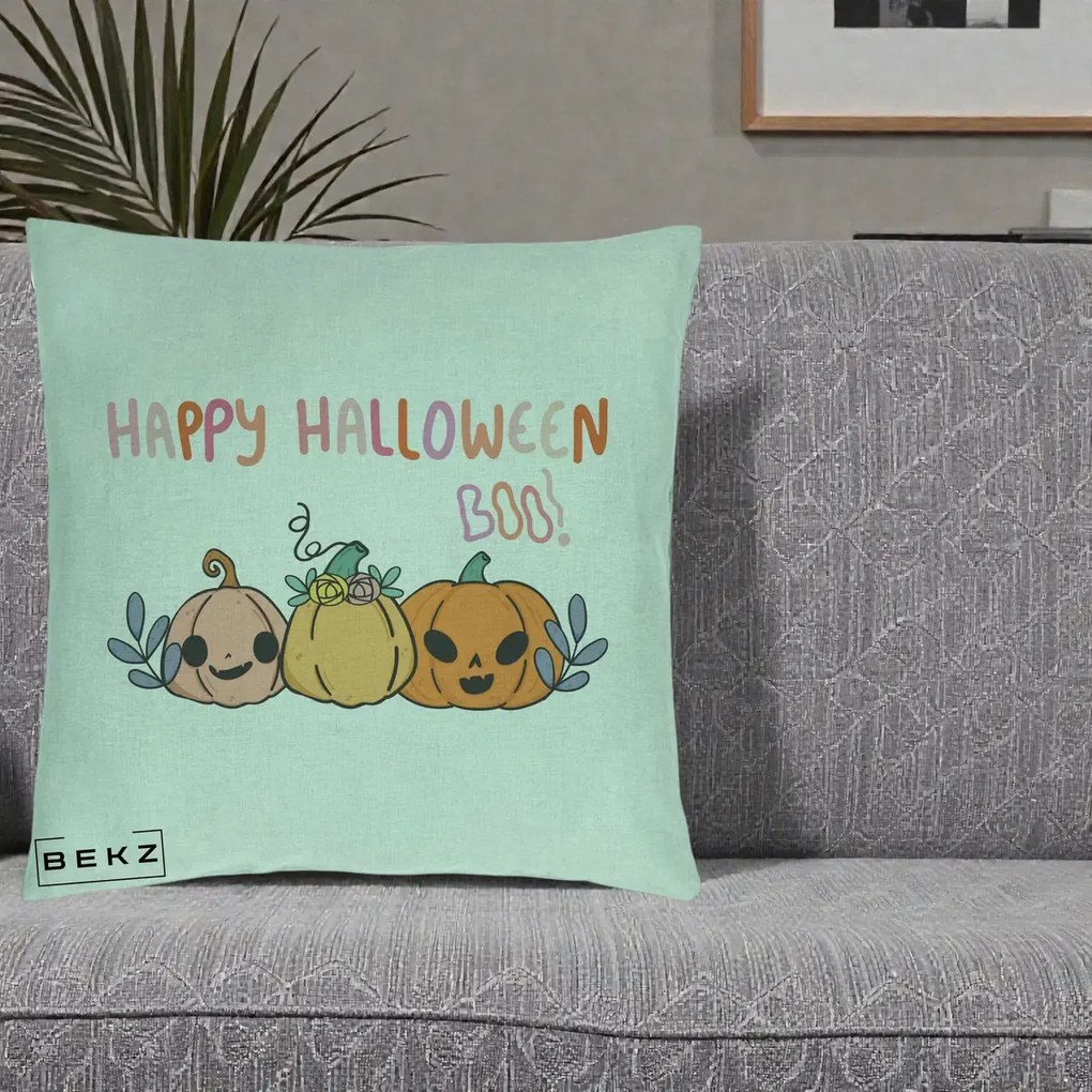Perna Decorativa Happy Halloween Boo Trei Dovlecei Kawaii, 40x40 cm, Verde Menta, Husa Detasabila, Perna Inclusa, BEKZ®