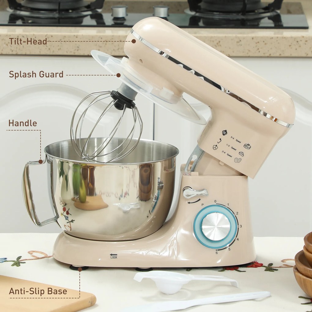 HOMCOM Robot de bucătărie 4,5 L 1300 W 6 viteze bol din oțel inoxidabil tel cârlig paletă bej | Aosom Romania