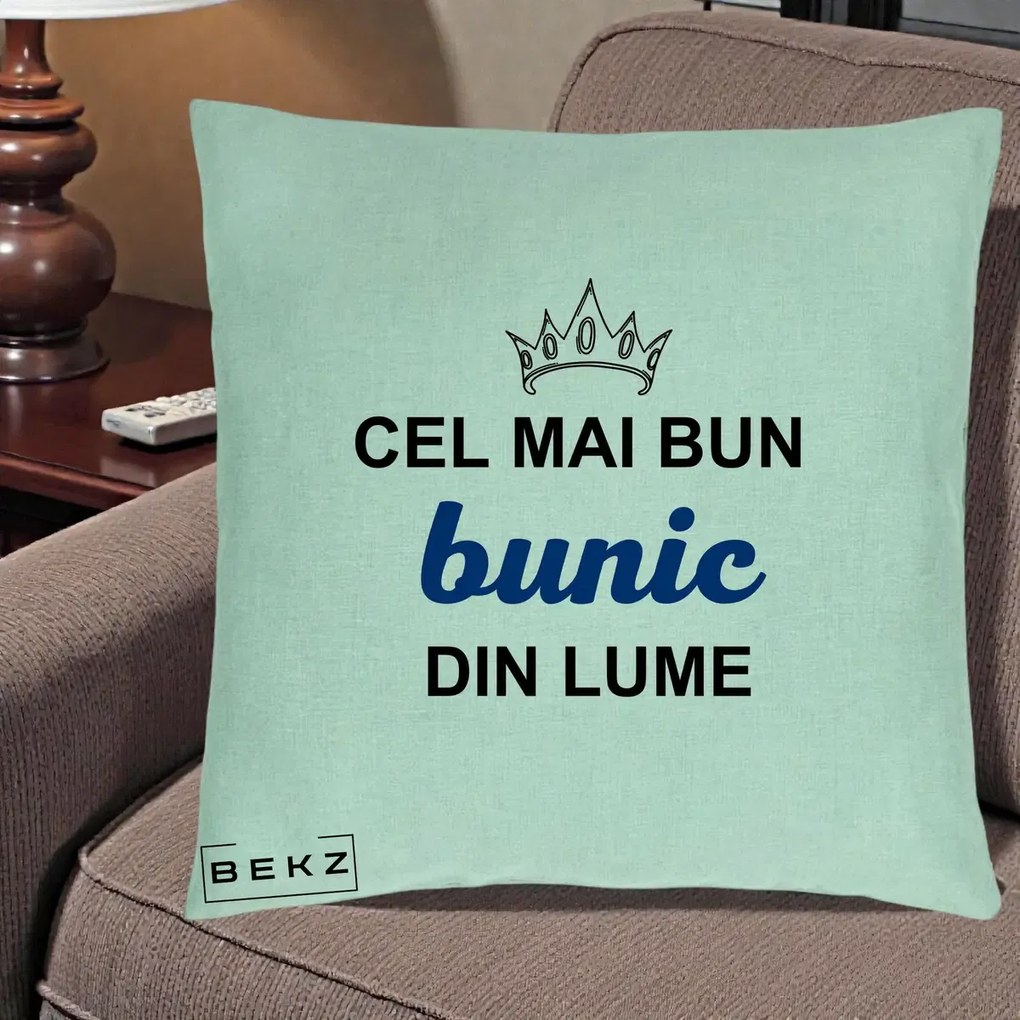 Cadou pentru Bunic - Perna Personalizata Cel Mai Bun Bunic Din Lume Coroana Albastra, 40x40 cm, Verde Menta, Husa Detasabila, Perna Inclusa, BEKZ®