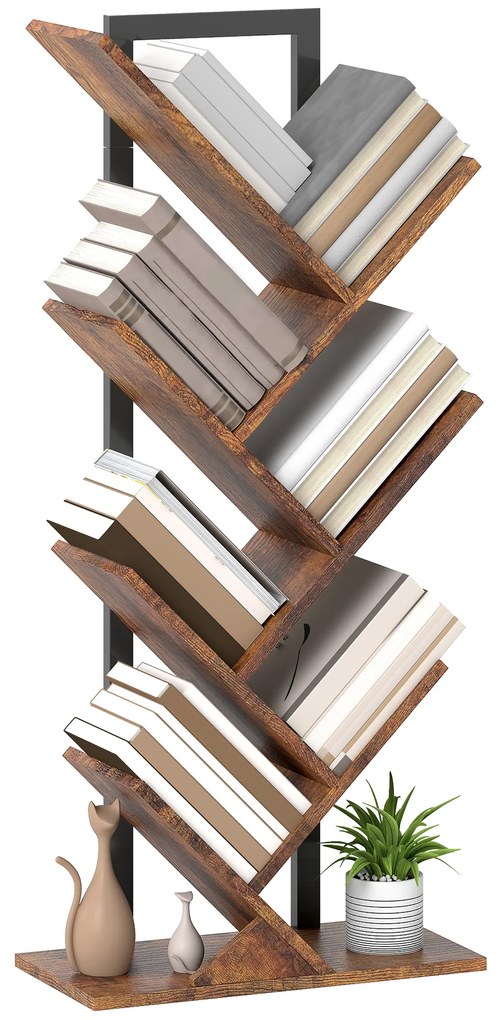 HOMCOM Bibliotecă Raft cu 7 Nivele Îngustă în Forma de Lemn pentru Birou, Brun Rustic | Aosom Romania