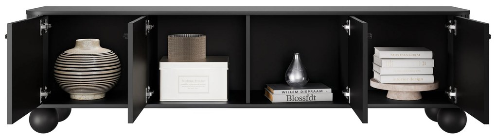 Comodă TV Vesper 4D 187 cm - negru / mânere negre / picioare rotunde