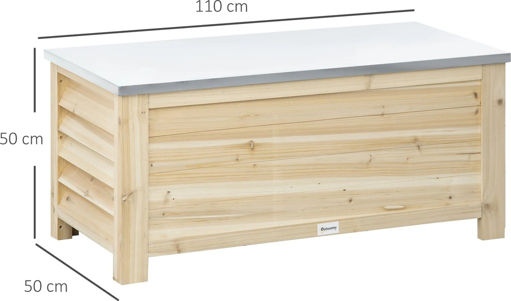 Outsunny Ladă de Depozitare Exterior din Lemn cu Capac Metalic Galvanizat și Design cu Șipci 110x50x50 cm Lemn Natural | Aosom Romania