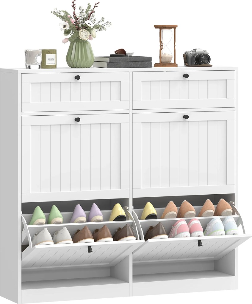 HOMCOM Dulap pentru pantofi 20 perechi, dulap îngust cu 4 sertare rabatabile, 2 compartimente, alb | Aosom Romania