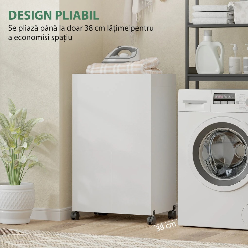 HOMCOM Dulap Masă de Călcat Pliabil cu Roți și Suport pentru Fier de Călcat, Dulap de Călcat Multifuncțional cu Rafturi, Compartiment Deschis, pentru Spălătorie, Baie, 154x55x87 cm, Alb | Aosom Romania
