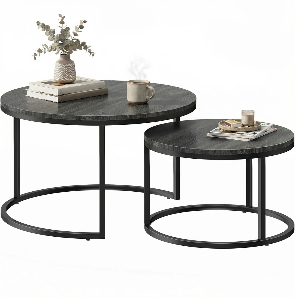 HOMCOM Set modern de 2 măsuțe de cafea, măsuțe laterale suprapuse cu cadru metalic pentru living, dormitor, birou, Negru | Aosom Romania