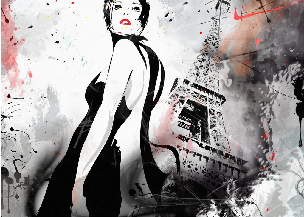 Tablou pe sticlă - Doamna și Turnul Eiffel (70x50 cm)