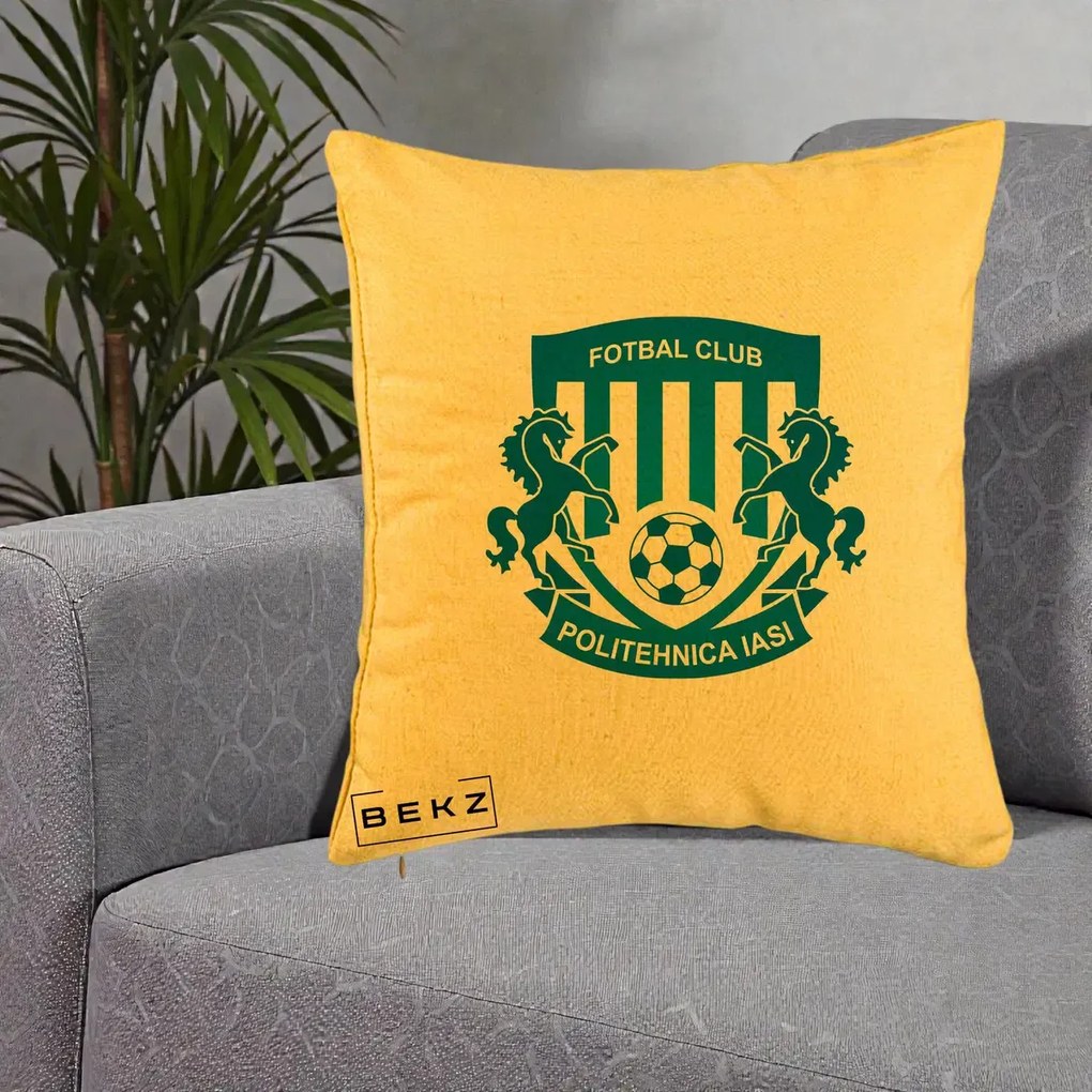 Perna Personalizata FC Politehnica Iasi Fotbal, 40x40 cm, Galben, Husa Detasabila, Perna Inclusa, BEKZ®