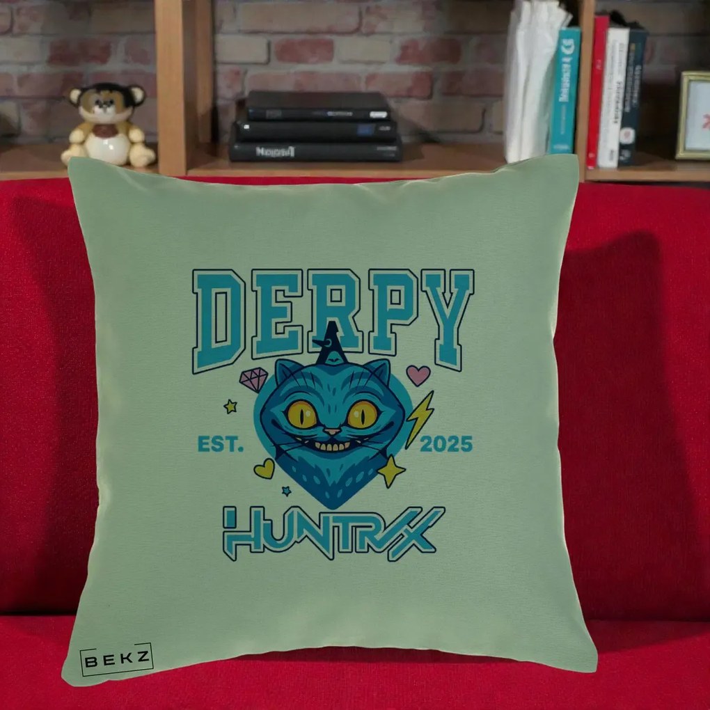 Perna Personalizata K-pop HUNTRX Derpy Pisica Albastra, 40x40 cm, Verde, Husa Detasabila, Perna Inclusa, BEKZ®