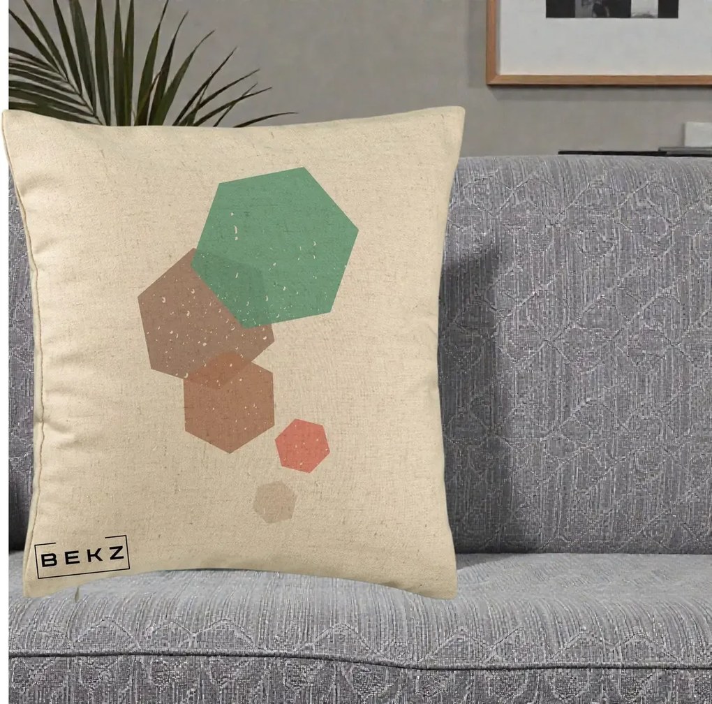 Perna Decorativa Geometric Hexagoane Pastel, 40x40 cm, Bej, Husa Detasabila, Perna Inclusa, BEKZ®