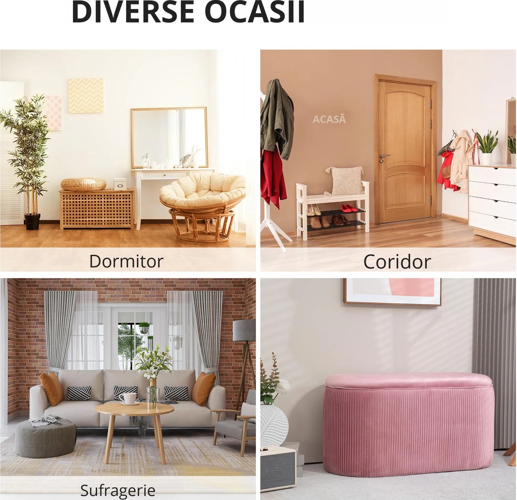 HOMCOM Taburet Roz cu Depozitare, Catifea, pentru Dormitor și Hol, Spațiu Generos, Confortabil | Aosom Romania