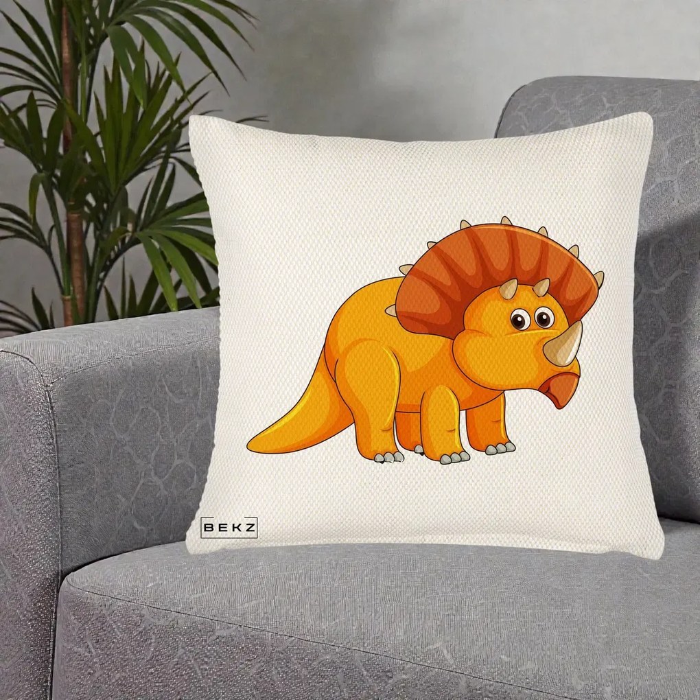 Perna Decorativa Triceratops Portocaliu, 40x40 cm, Crem Reliefat, Husa Detasabila, Perna Inclusa, BEKZ®
