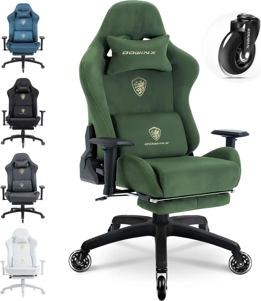 RESIGILAT- DOWINX 68A - Scaun Gaming Ergonomic, Extra-Lat și Construcție Heavy-Duty, Masaj in perna lombara, Material Textil respirabil, Suport picioare, Roti Silicon, Rezistent 150 kg, Verde