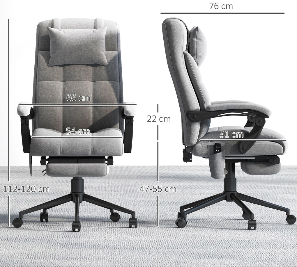 Vinsetto Scaun Birou cu Masaj și cu Încălzire, Fotoliu Birou cu Spătar Înclinabil 155°, Suport Picioare, 66x76x112-120cm,Gri | Aosom Romania