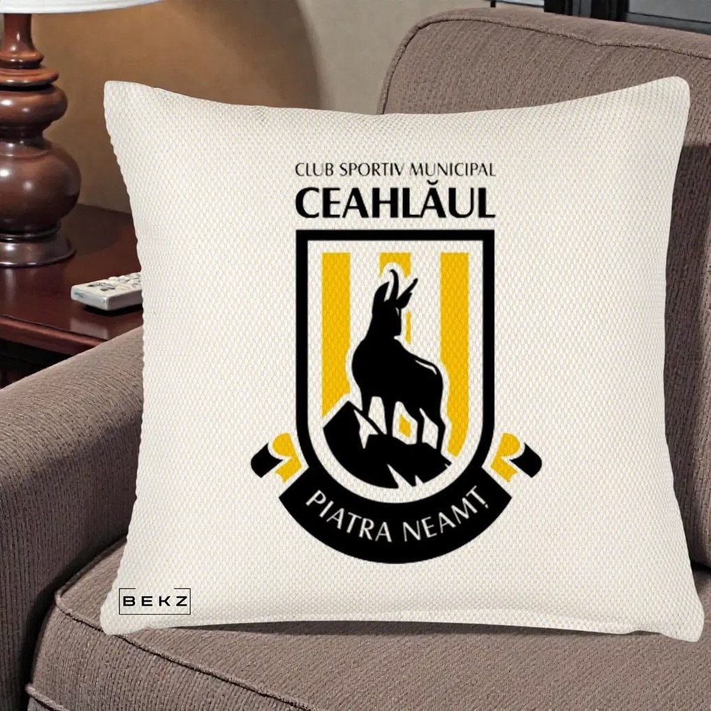Perna Personalizata CSM Ceahlaul Piatra Neamt Fotbal, 40x40 cm, Crem Reliefat, Husa Detasabila, Perna Inclusa, BEKZ®