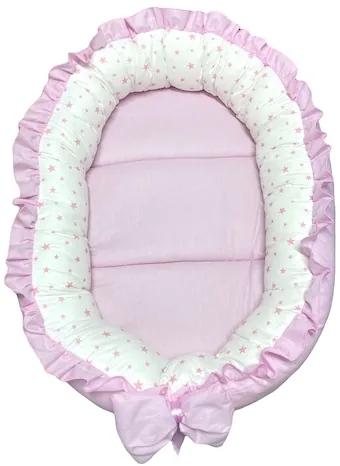 Cuib baby nest bebelusi cu volanase Roz Pal - stelute roz pe alb LUX by Deseda