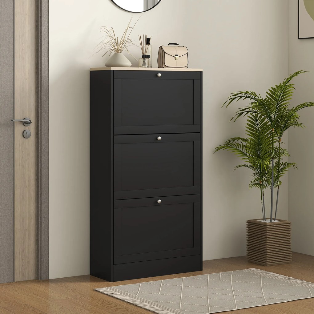 HOMCOM Dulap Îngust pentru Pantofi cu 3 Sertare și Rafturi Reglabile pe 2 Niveluri, 60x23,5x115 cm, Negru | Aosom Romania