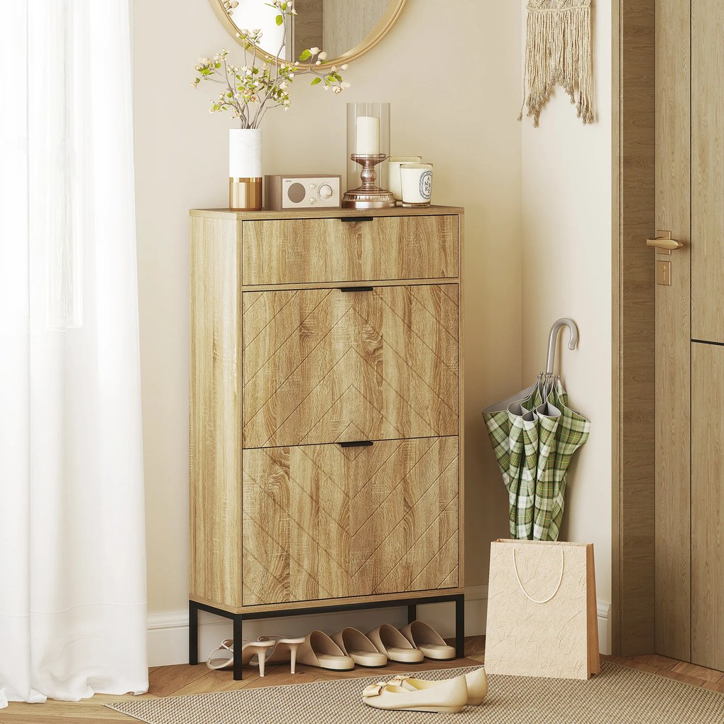 HOMCOM Mobilier de pantofi 8 perechi cu sertar glisant, 2 sertare rabatabile, rafturi reglabile, 60x24x105,5cm, stejar | Aosom Romania