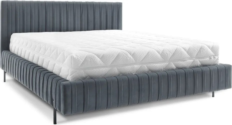 Pat matrimonial albastru tapițat cu spațiu de depozitare cu somieră 160x200 cm Plissa – ELTAP