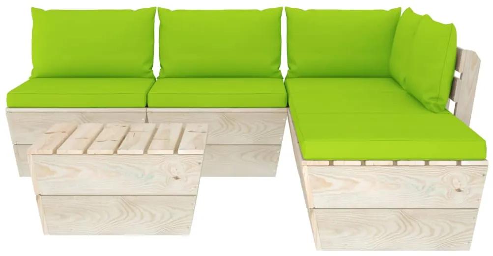 Set mobilier gradina din paleti cu perne, 6 piese, lemn molid verde aprins, colt + 3x mijloc + masa + suport pentru picioare, 1