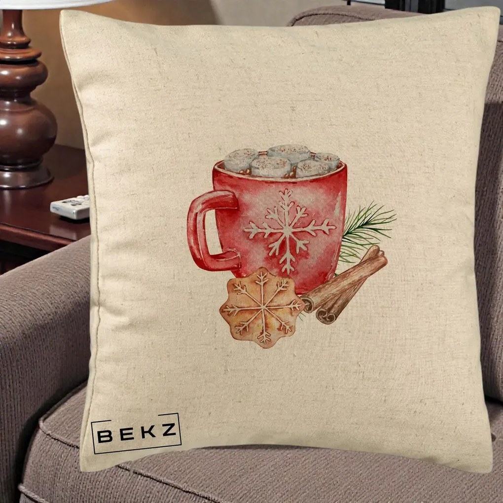 Perna Decorativa Cacao de Iarna cu Biscuit, 40x40 cm, Bej, Husa Detasabila, Perna Inclusa, BEKZ®