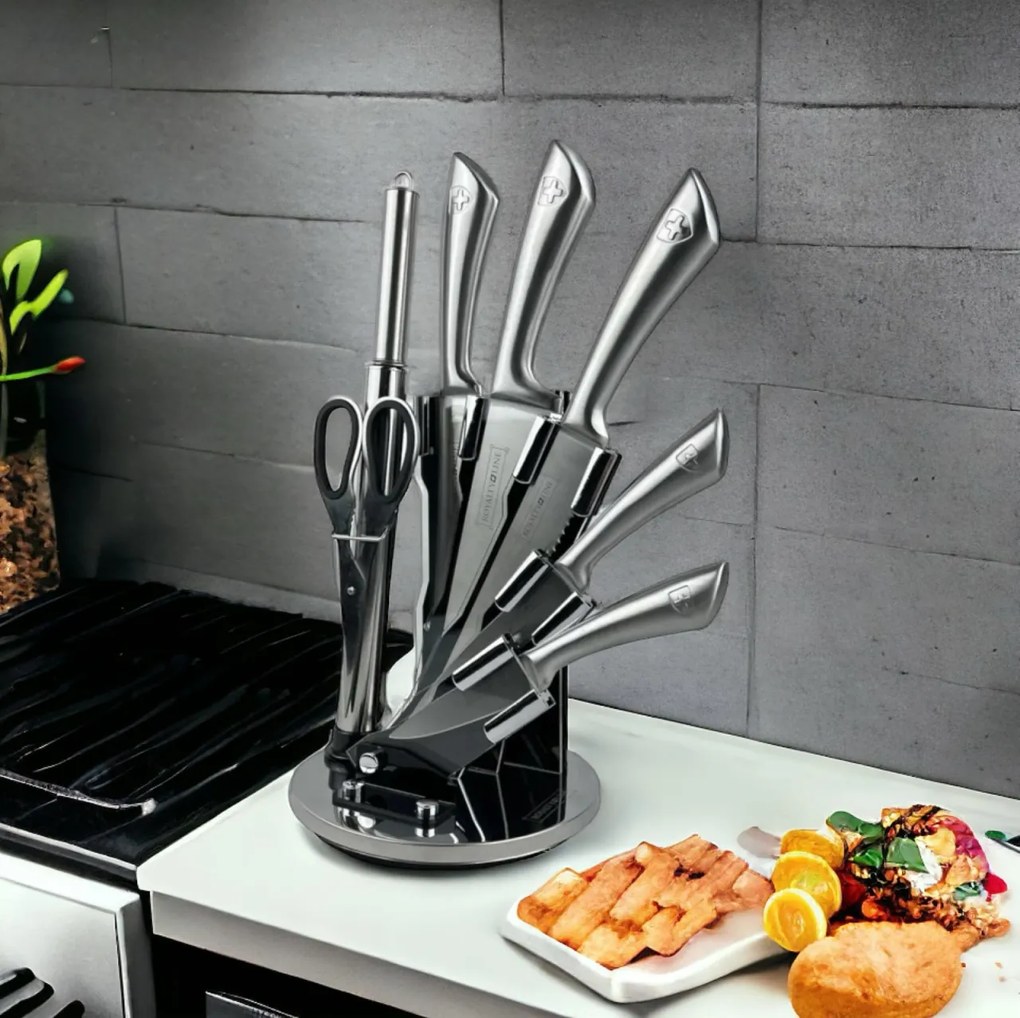 Set cutite inox cu suport Royalty line RL KSS600, cu instrument de ascutire si foarfeca de bucatarie