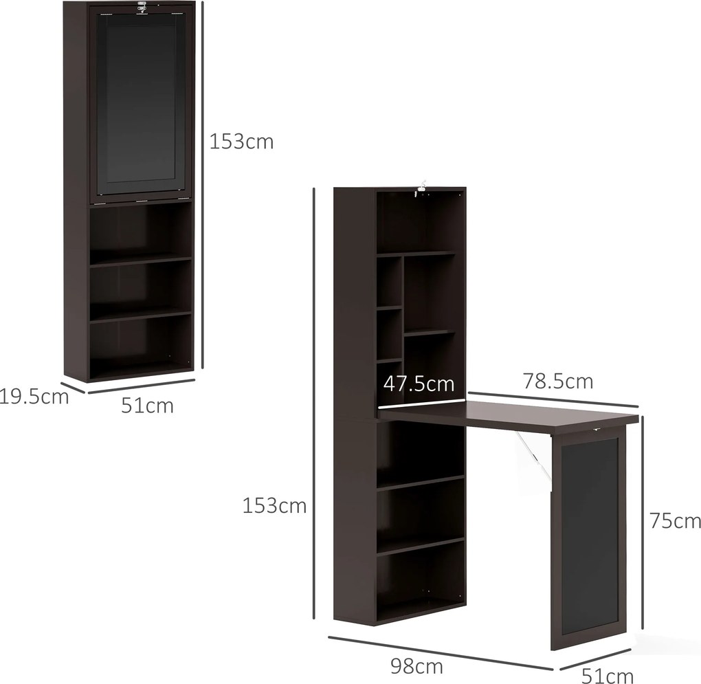 HOMCOM Birou Modern Pliabil cu Bibliotecă și Tablă, din Lemn și Metal, 98x51x153 cm, Maro | Aosom Romania