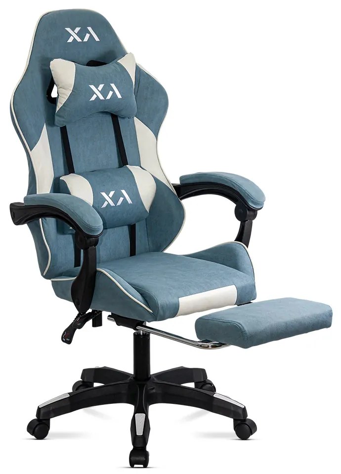 Scaun de gaming bleu din stofa cu suport de picioare OFF 295