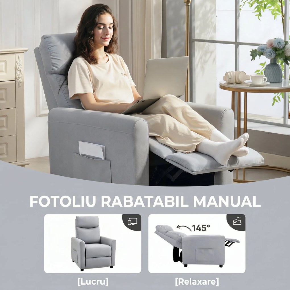 HOMCOM Fotoliu Reclinabil 135° max în Material cu Efect de In, Spumă, Oțel și Lemn, 73x86x100 cm, Gri Deschis | Aosom Romania