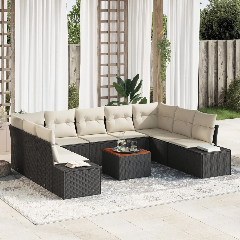 vidaXL Set canapea grădină 10 pcs Negru, alb Ratan, poliester