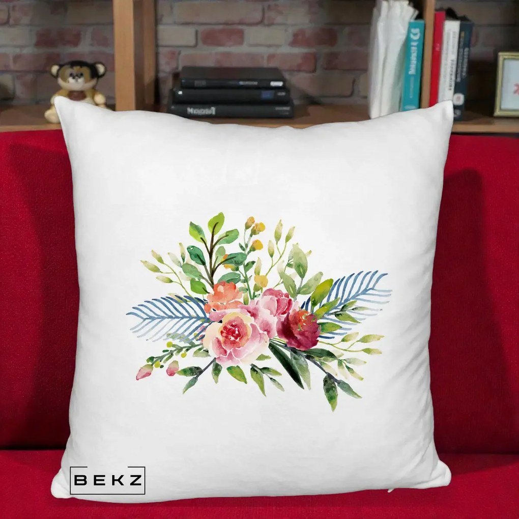 Perna Decorativa Buchet Flori Acuarela Roz-Verde, 40x40 cm, Alb Pufos, Husa Detasabila, Perna Inclusa, BEKZ®