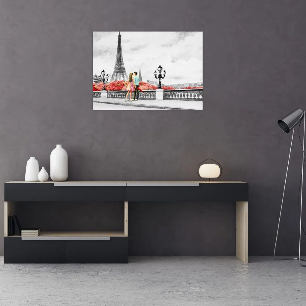 Tablou pe sticlă îndrăgostiții în Paris (70x50 cm)