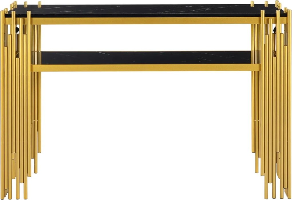 MAU42 - Masa Consola, 120 cm, masuta hol cu raft, living, dormitor - Auriu - Alb / Negru Imitatie de Marmura