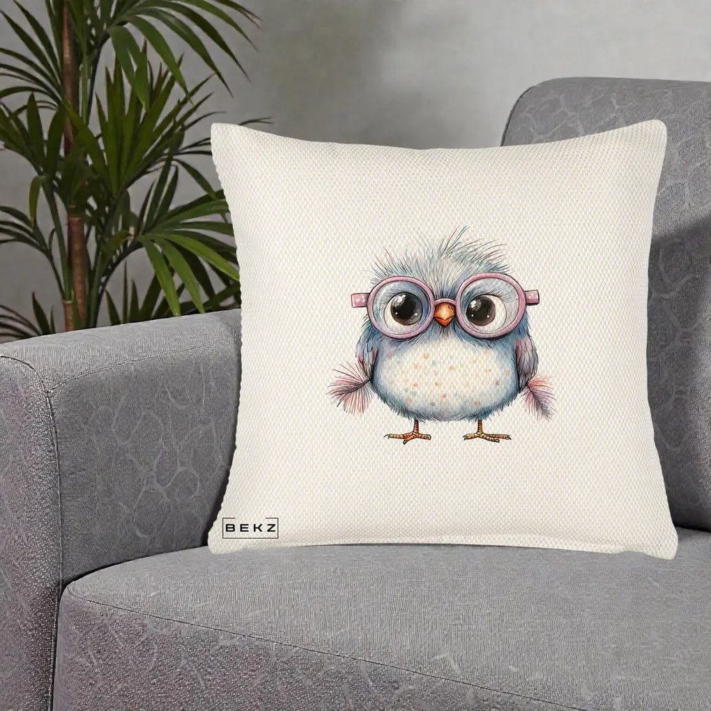 Perna Decorativa Pui Pufos cu Ochelari Roz, 40x40 cm, Crem Reliefat, Husa Detasabila, Perna Inclusa, BEKZ®