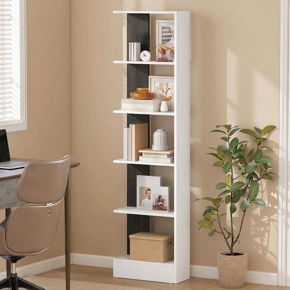 HOMCOM Raft Îngust cu 5 Etajere, Raft Economisitor de Spațiu Modern din Lemn, Bibliotecă pentru Baie, Living, Dormitor, Birou, 45x21x170 cm, Alb și Negru | Aosom Romania