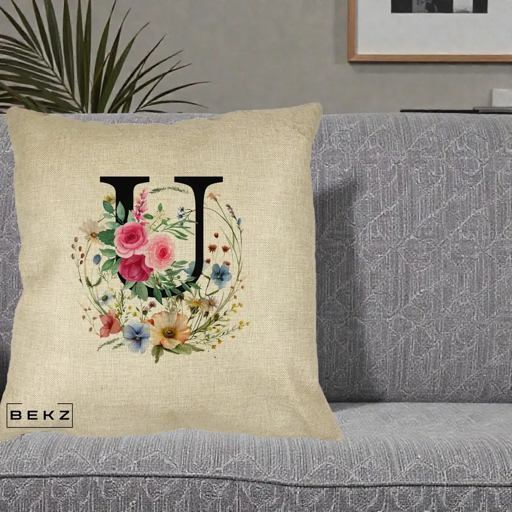 Cadou Personalizat - Perna Personalizata Monogram Litera U cu Flori Acuarela, 40x40 cm, Crem, Husa Detasabila, Perna Inclusa, BEKZ®