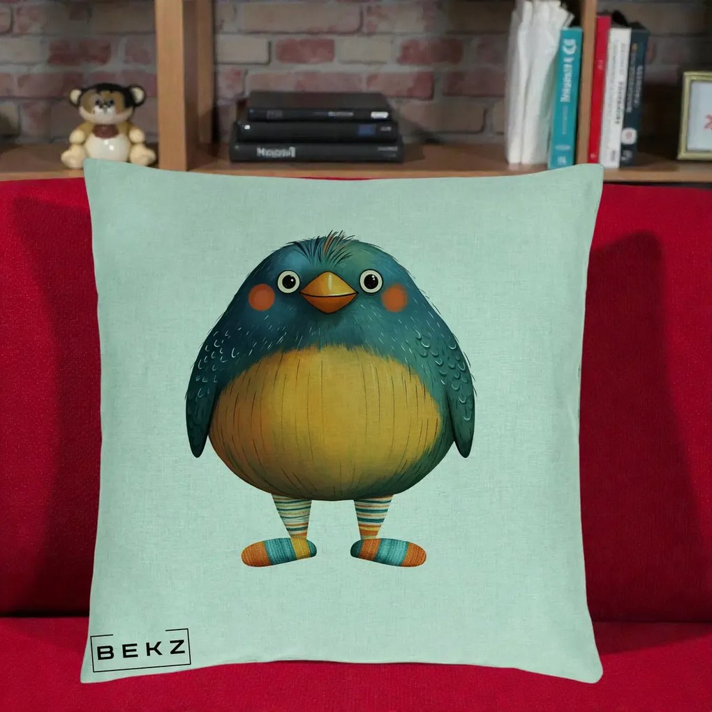 Perna Decorativa Pasare Teal cu Sosete Dunghi, 40x40 cm, Verde Menta, Husa Detasabila, Perna Inclusa, BEKZ®