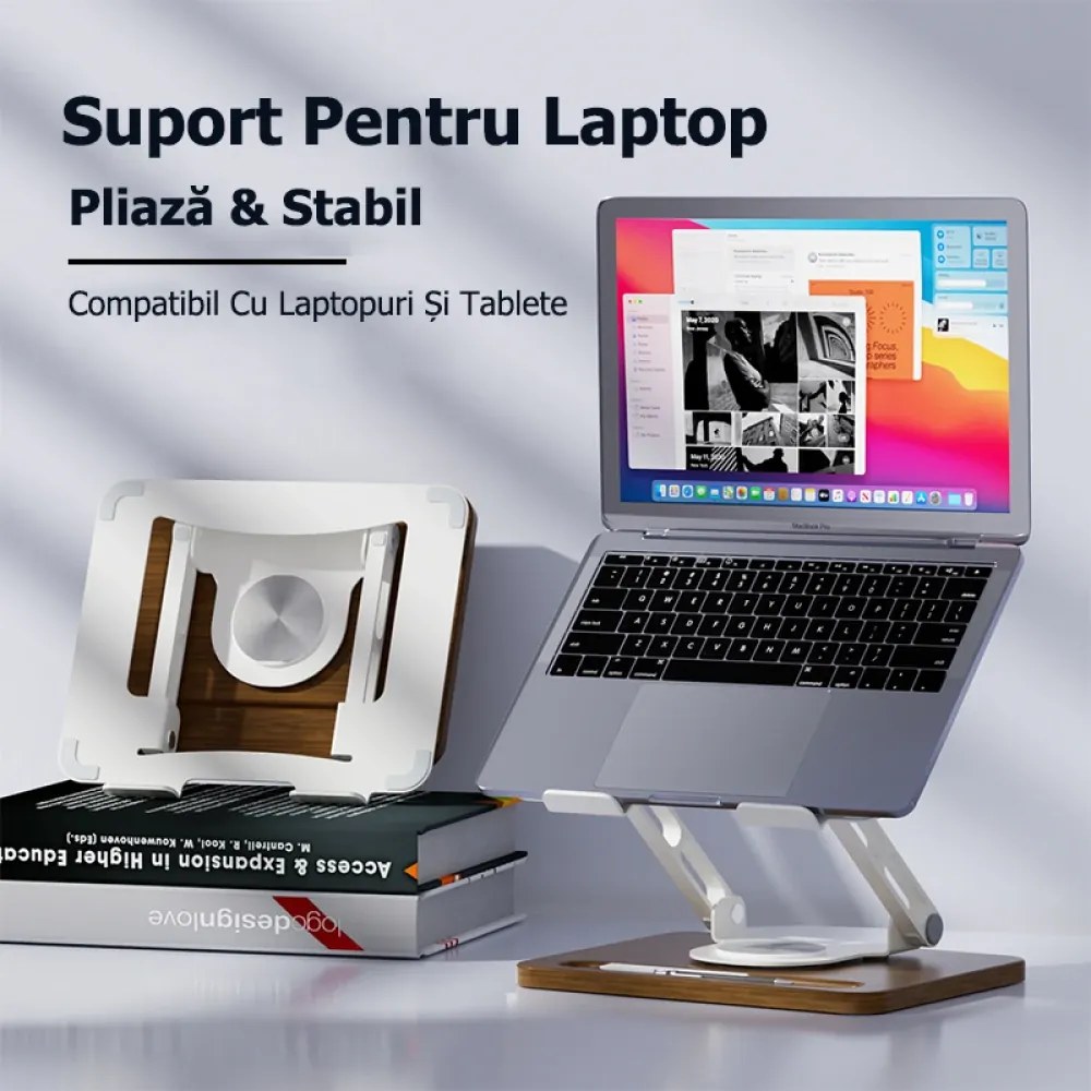 Suport ergonomic pentru laptop și tabletă, construcție premium din oțel carbon și lemn masiv, Alb