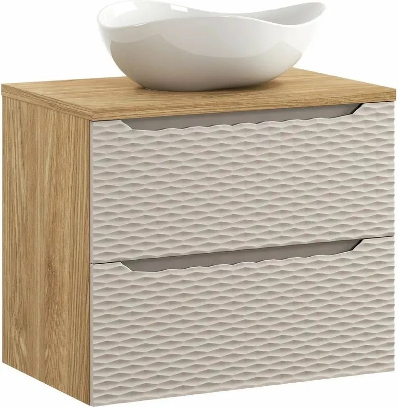 Set dulap baza suspendat 70 cm cu blat si lavoar Comad Ocean bej si stejar uleiat