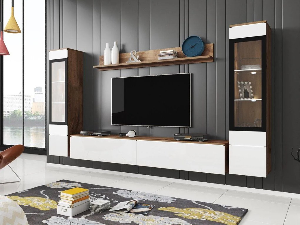 Mobilier living Selwyn II (wotan + Alb lucios ) (iluminat LED Alb). 1054053