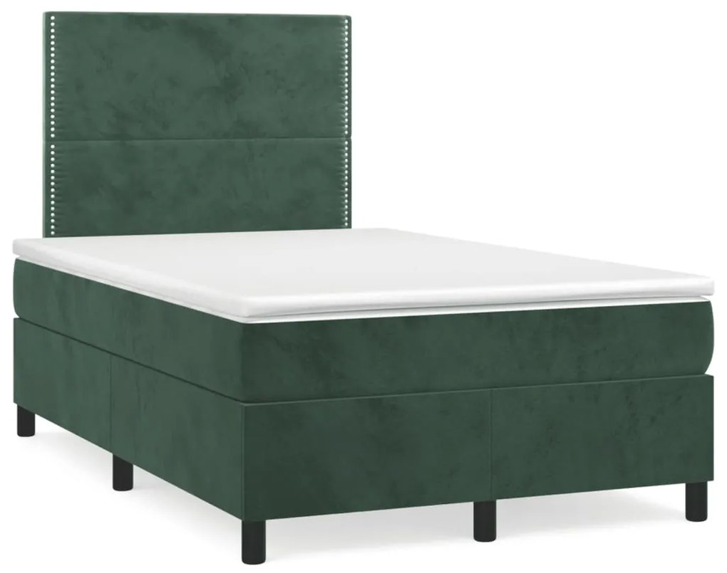 vidaXL Pat cu arcuri, saltea și LED, verde închis, 120x190 cm, catifea