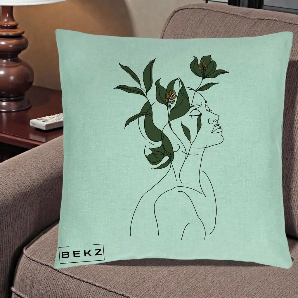 Perna Decorativa Portret Feminin Crin Verde, 40x40 cm, Verde Menta, Husa Detasabila, Perna Inclusa, BEKZ®