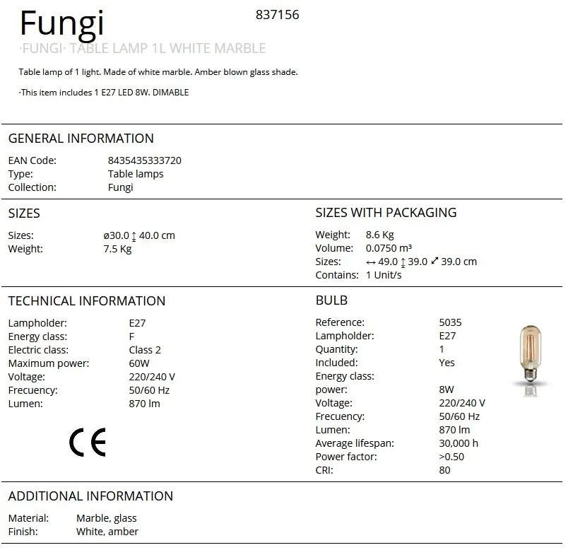 Veioza / Lampa de masa design elegant Fungi alb/ chihlimbar