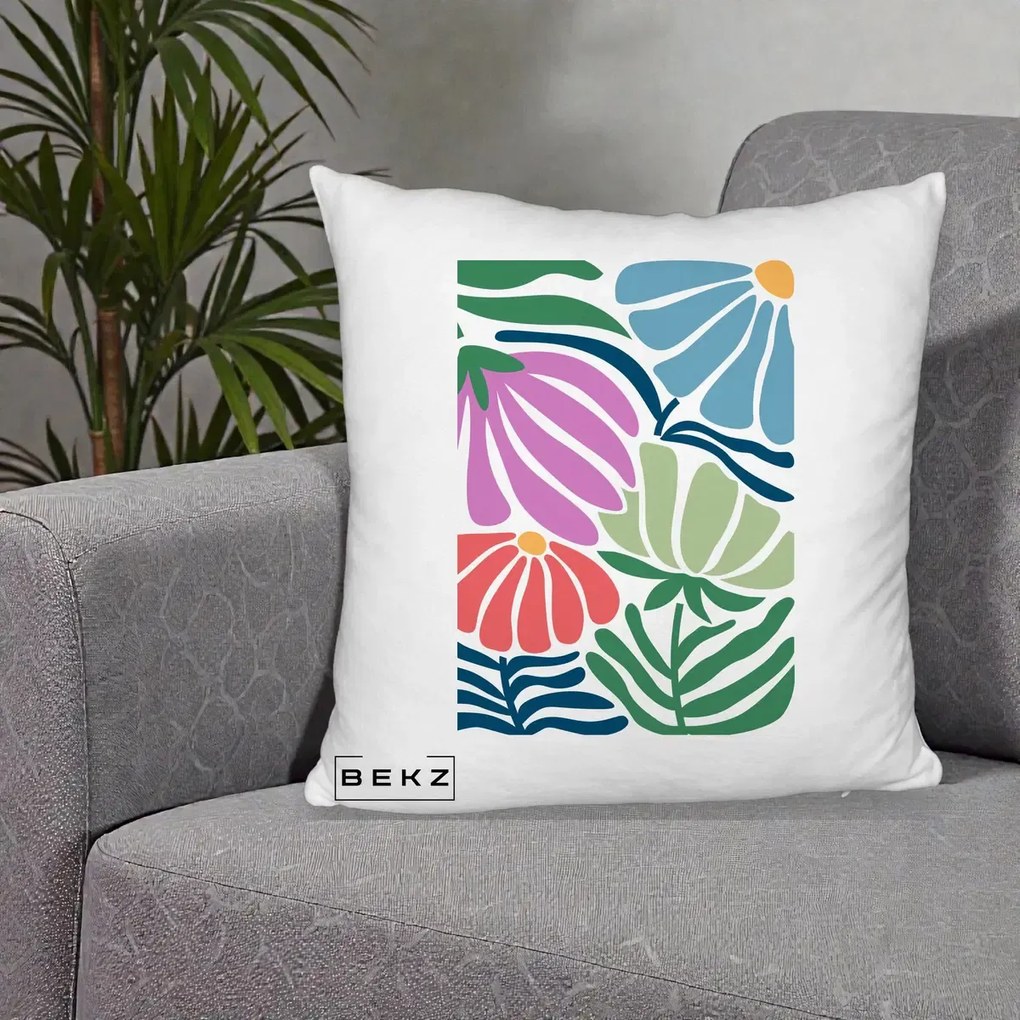 Perna Decorativa Flori Grafice Multicolore Modern, 40x40 cm, Alb Pufos, Husa Detasabila, Perna Inclusa, BEKZ®