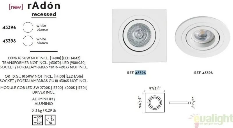 Rama spot directionabil, incastrabil, alb, diam. 9,2cm RADON-R, 43398