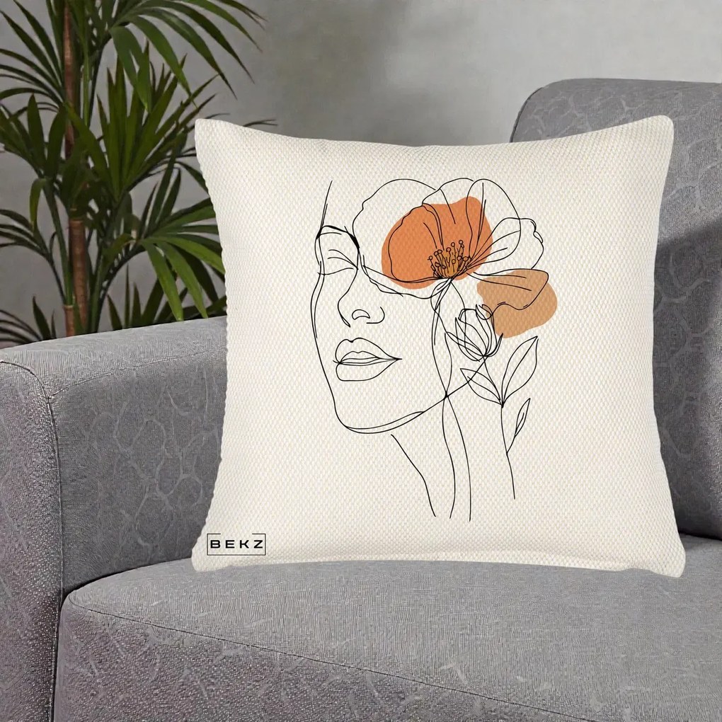 Perna Decorativa Portret Feminin Mac Profilat, 40x40 cm, Crem Reliefat, Husa Detasabila, Perna Inclusa, BEKZ®