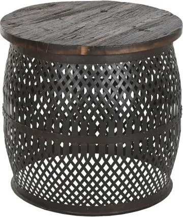 Măsuță laterală rotundă din lemn masiv de mango și metal, maro, cu bază din benzi de metal împletite, 55 x 58 cm, „Malla”